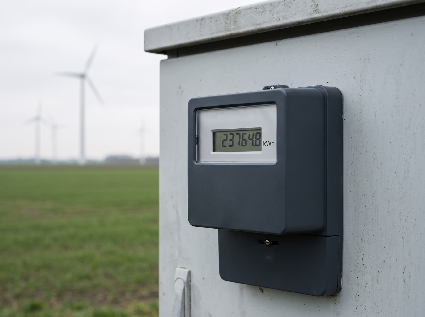Elmåler med kWh-tal foran vindmøller i dansk landskab: regnestykket bag elprisen