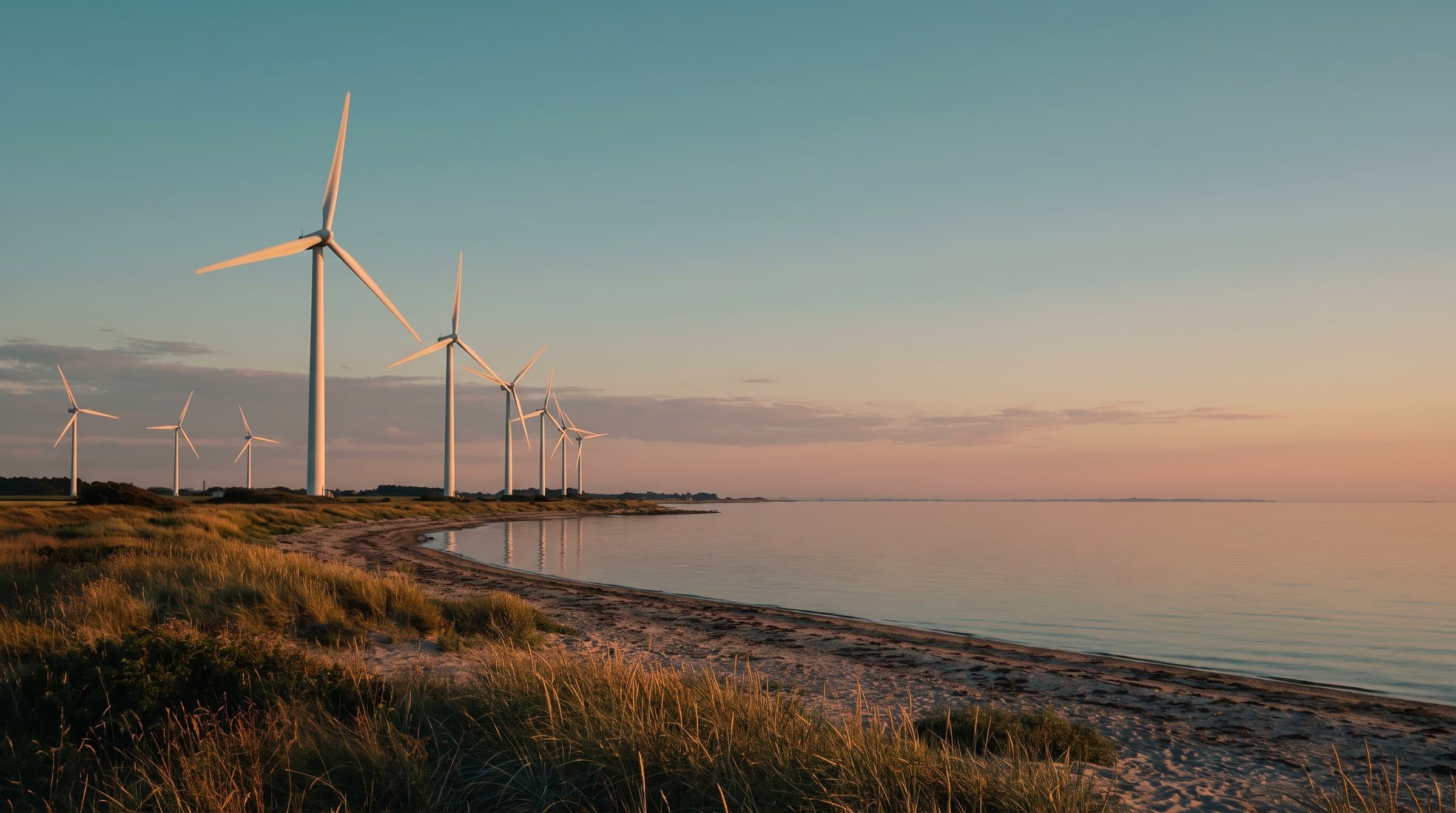 Vindmøller langs dansk kyst i aftenlys