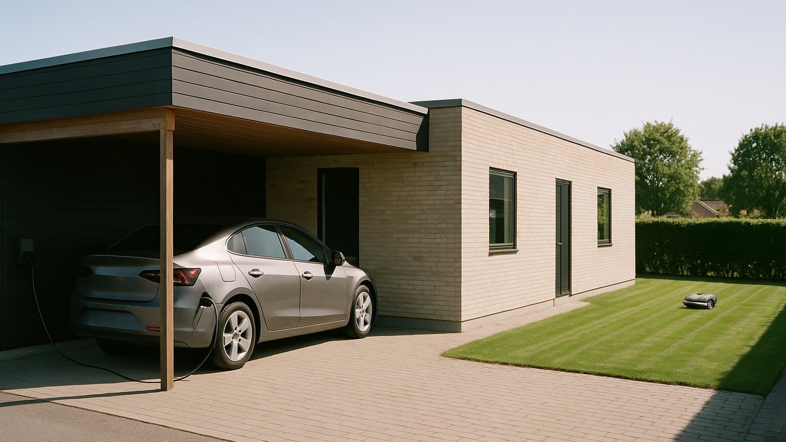 Elbil der lader i carporten ved et moderne hus på en dansk villavej, med en robotplæneklipper på plænen