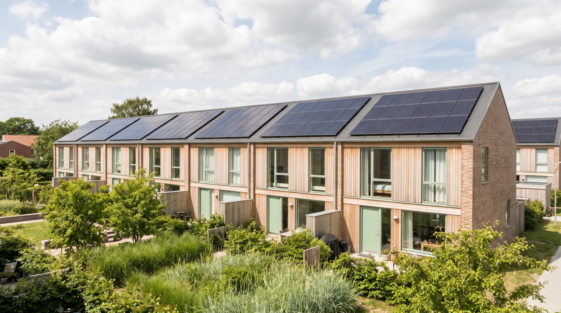 Danske rækkehuse med solceller under en lys sommerhimmel