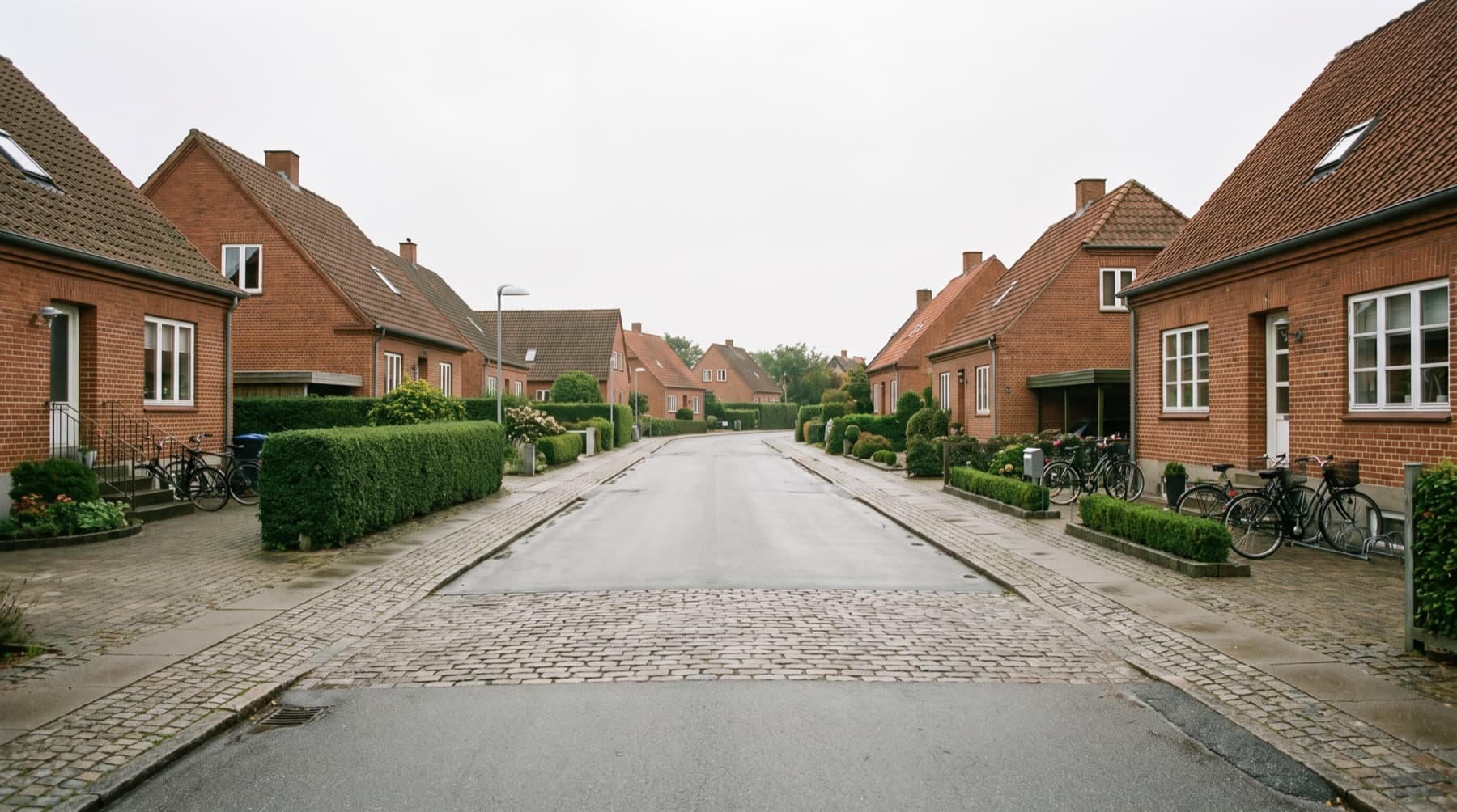 Rolig dansk villavej med røde murstenshuse